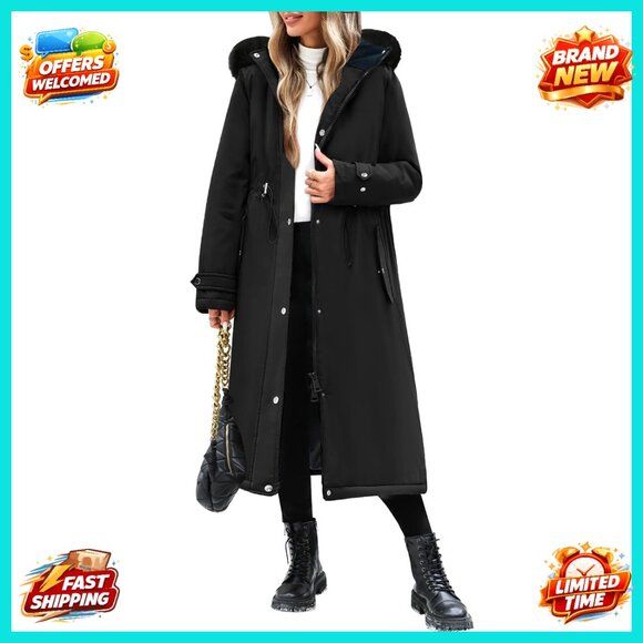 Long Puffer Parka with Removable Faux Fur Hood Quilted Down Jacket Warm